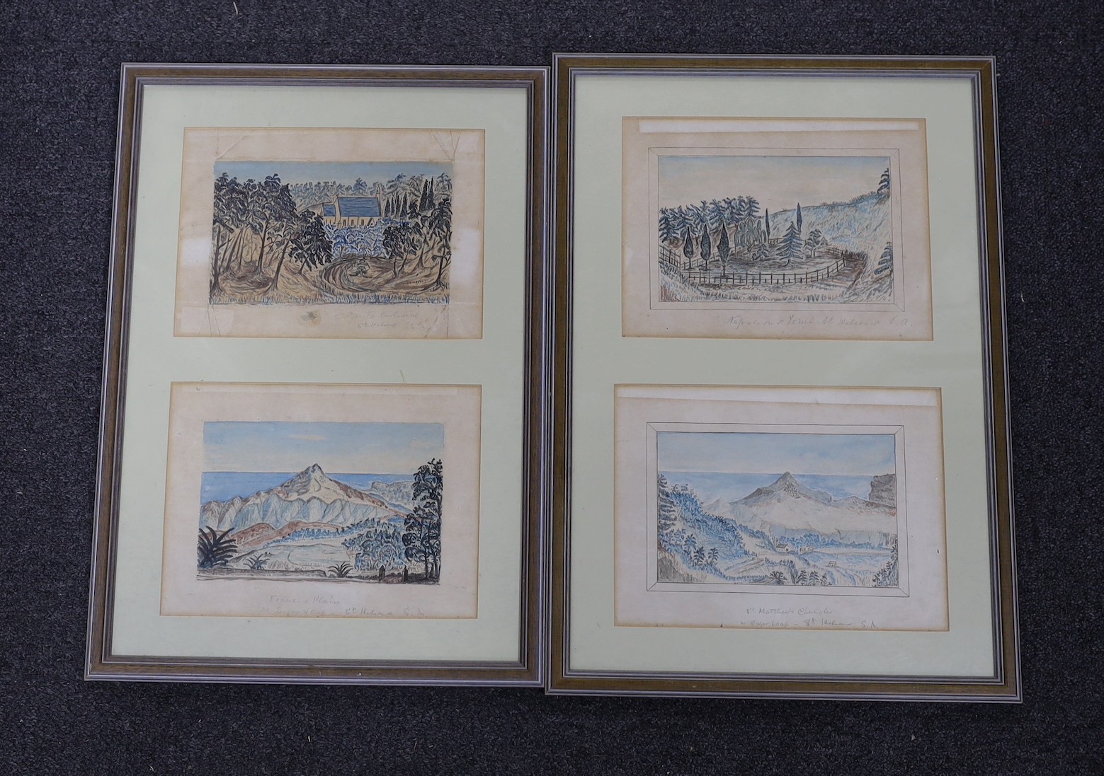 Naive English School, 19th century, four watercolours, depicting St Helena, including Napoleon’s tomb, inscribed